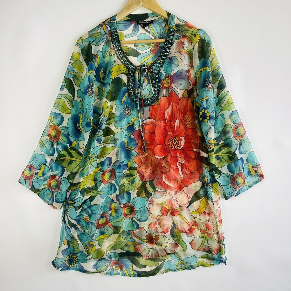 Club‎ Z Collection Floral Tunic Top Womens Small Blue Swim Beaded Sheer Resort